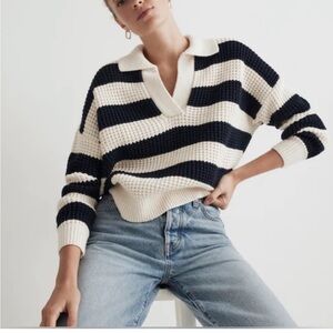 Madewell Navy and White Striped V-Neck Sweater